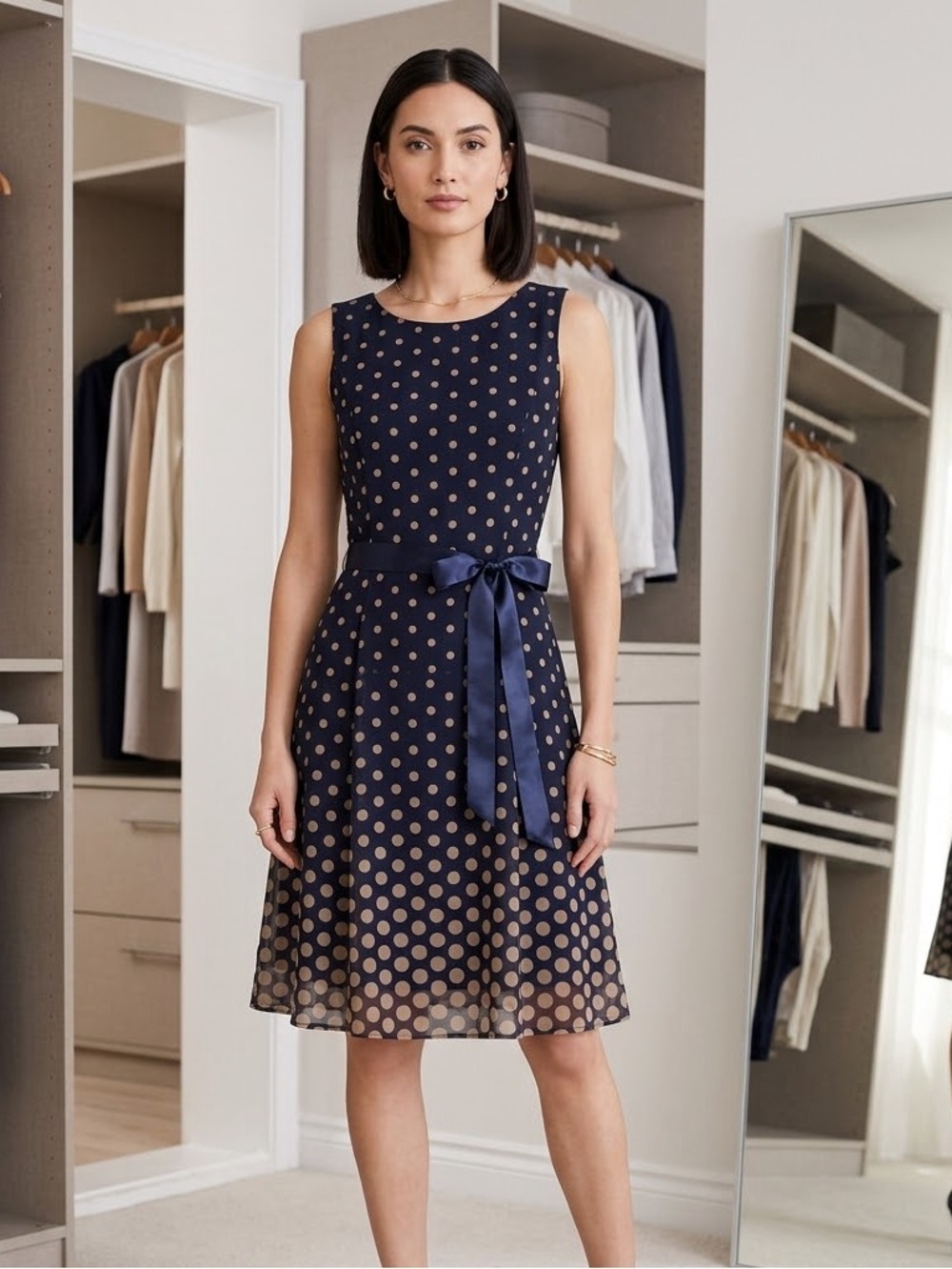 Haani Black Dress with Tan Polka Dots and Self Tie Belt